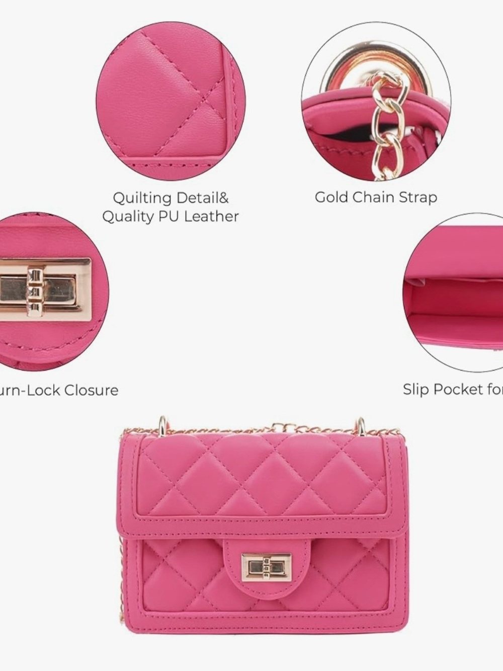 Quilted Pink Leather Crossbody with Gold Hardware - Picture 7 of 7